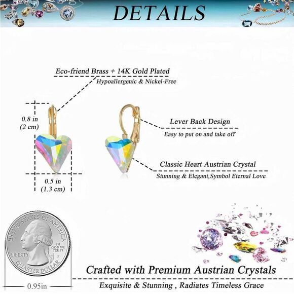 14K Yellow Gold with Iridescent AB Austrian Crystal Heart Leverback Earrings - Picture 5 of 5